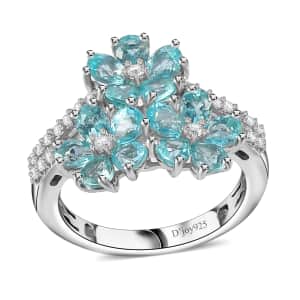 Betroka Blue Apatite and White Zircon Flower Ring in Rhodium Over Sterling Silver (Size 5.0) 2.85 ctw