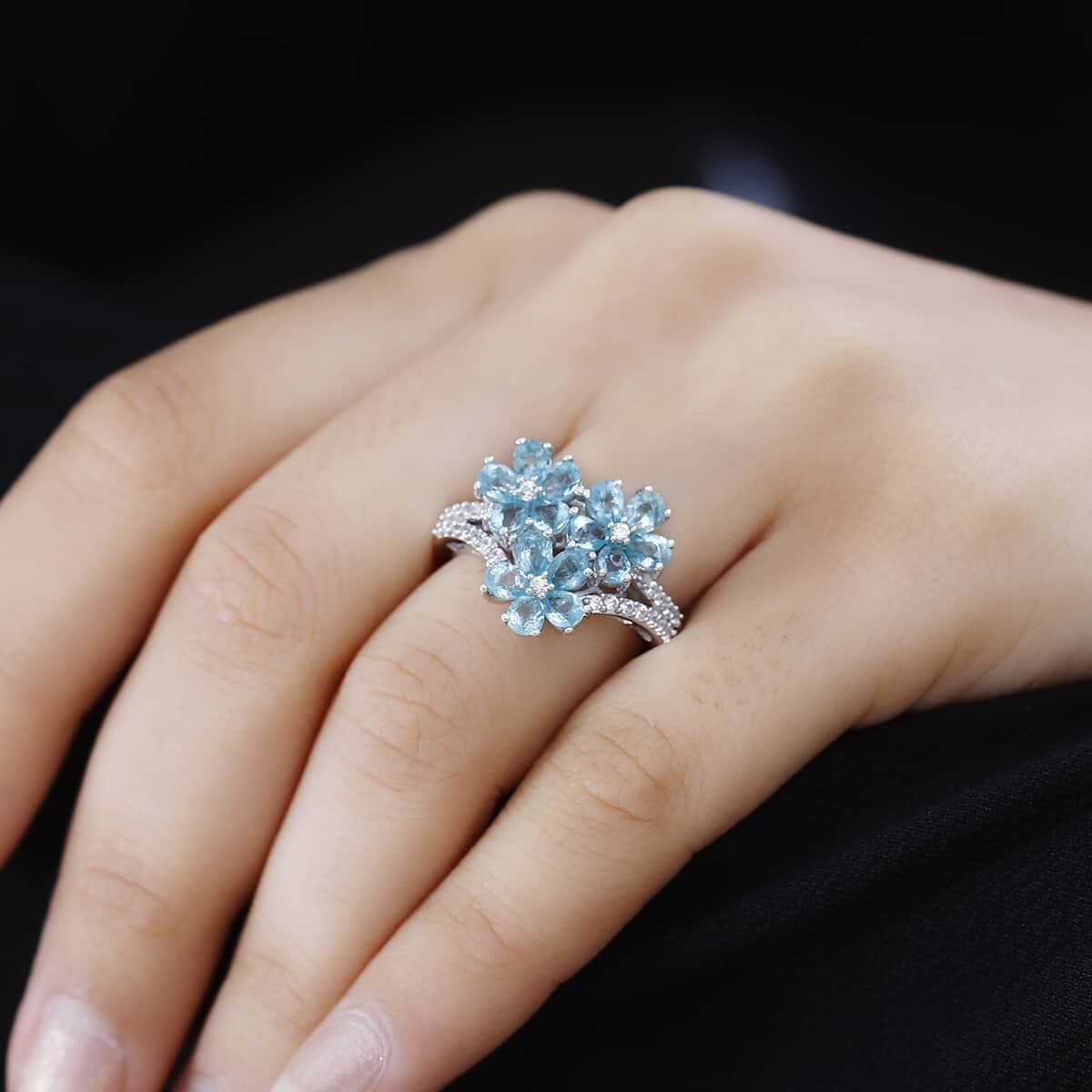 Betroka Blue Apatite and White Zircon Flower Ring in Rhodium Over Sterling Silver (Size 5.0) 2.85 ctw image number 2