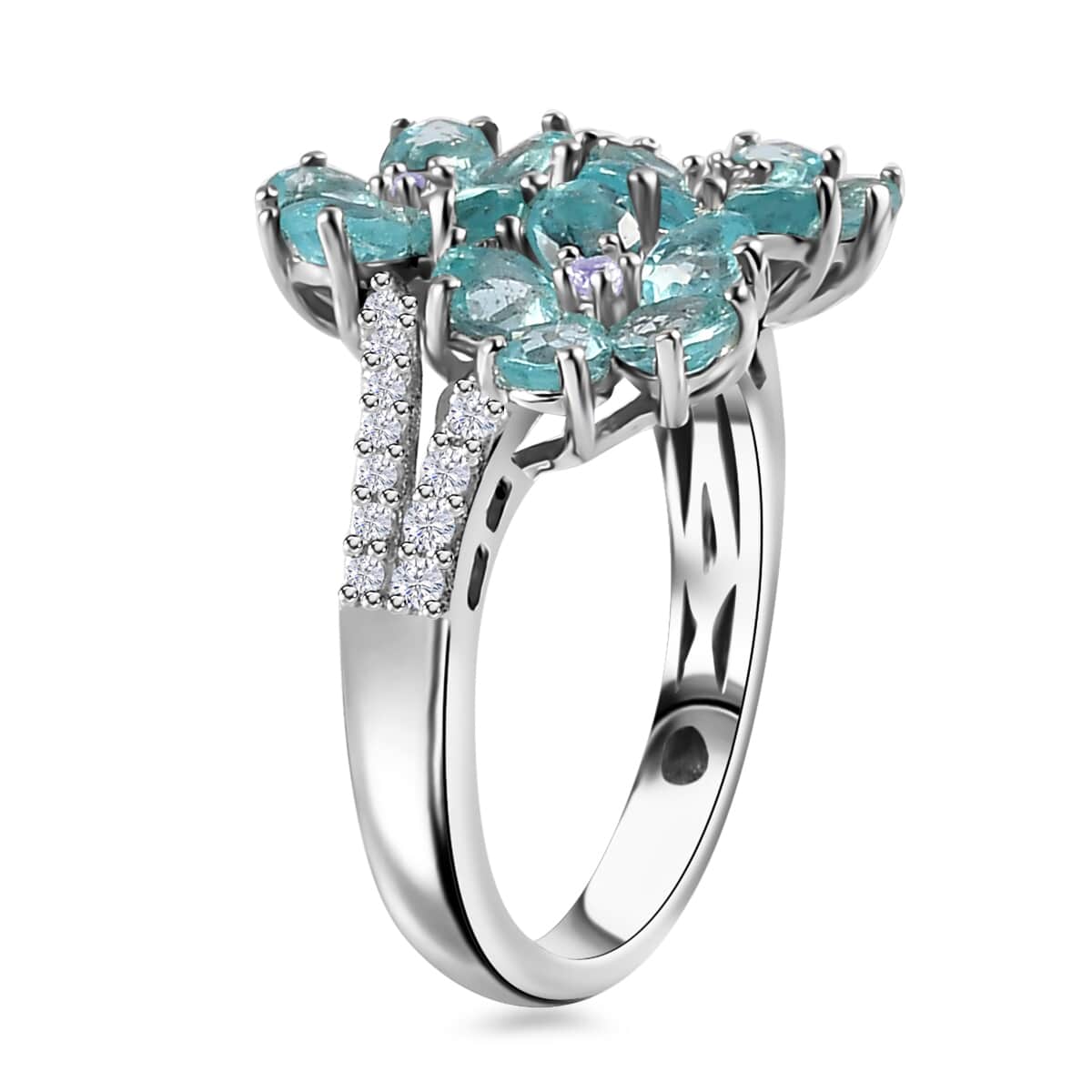 Betroka Blue Apatite and White Zircon Flower Ring in Rhodium Over Sterling Silver (Size 5.0) 2.85 ctw image number 3