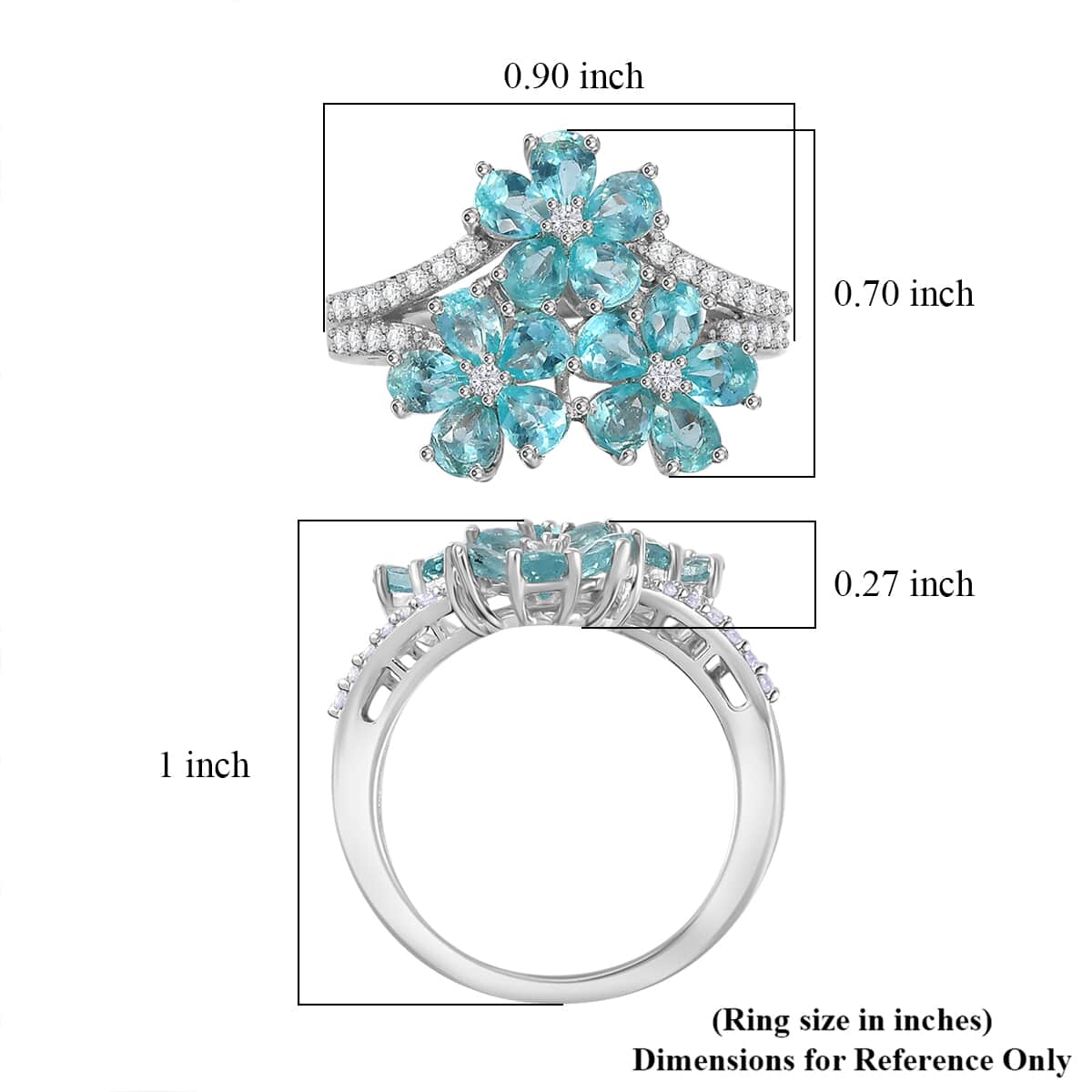 Betroka Blue Apatite and White Zircon Flower Ring in Rhodium Over Sterling Silver (Size 5.0) 2.85 ctw image number 5