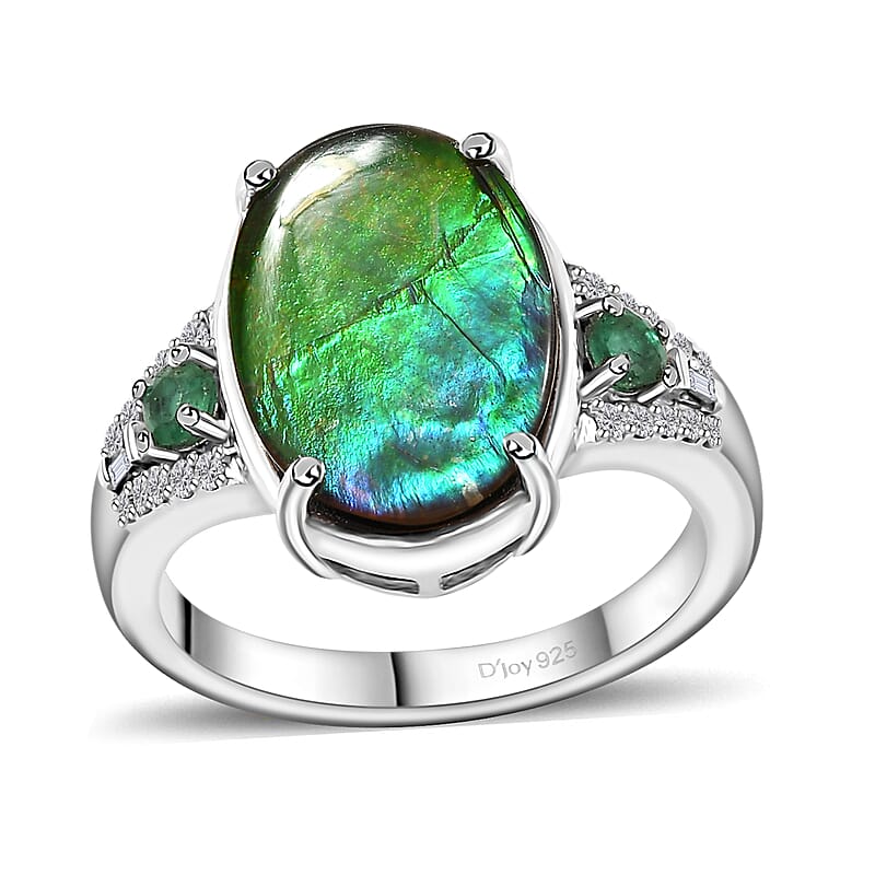 Canadian Ammolite, Emerald and Diamond Ring in Rhodium Over Sterling Silver (Size 10.0) 0.35 ctw
