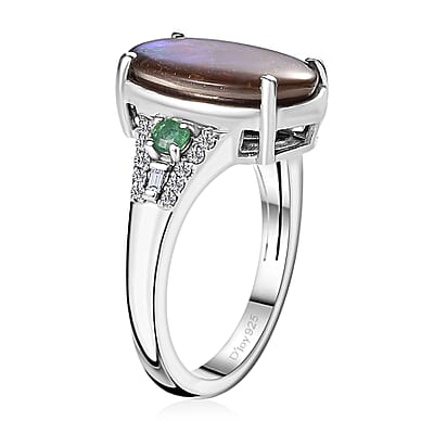 Canadian Ammolite, Emerald and Diamond Ring in Rhodium Over Sterling Silver (Size 10.0) 0.35 ctw