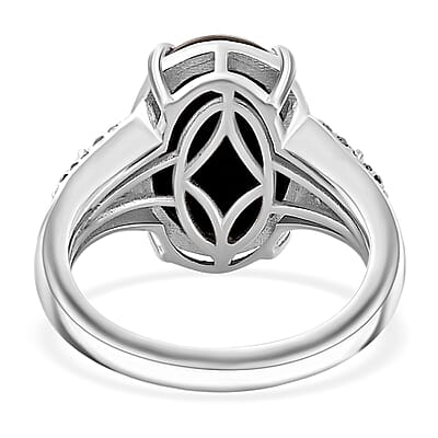 Canadian Ammolite, Emerald and Diamond Ring in Rhodium Over Sterling Silver (Size 10.0) 0.35 ctw