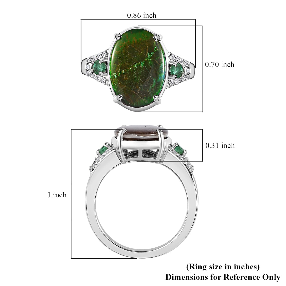 Canadian Ammolite, Emerald and Diamond Ring in Rhodium Over Sterling Silver (Size 10.0) 0.35 ctw