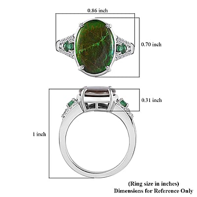 Canadian Ammolite, Emerald and Diamond Ring in Rhodium Over Sterling Silver (Size 10.0) 0.35 ctw