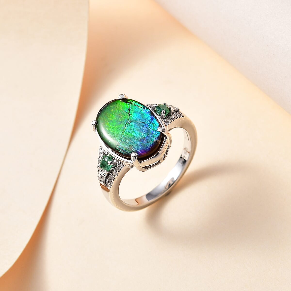 Canadian Ammolite, Emerald and Diamond Ring in Rhodium Over Sterling Silver (Size 6.0) 0.35 ctw image number 1
