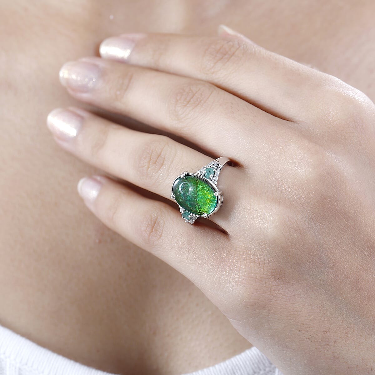 Canadian Ammolite, Emerald and Diamond Ring in Rhodium Over Sterling Silver (Size 6.0) 0.35 ctw image number 2