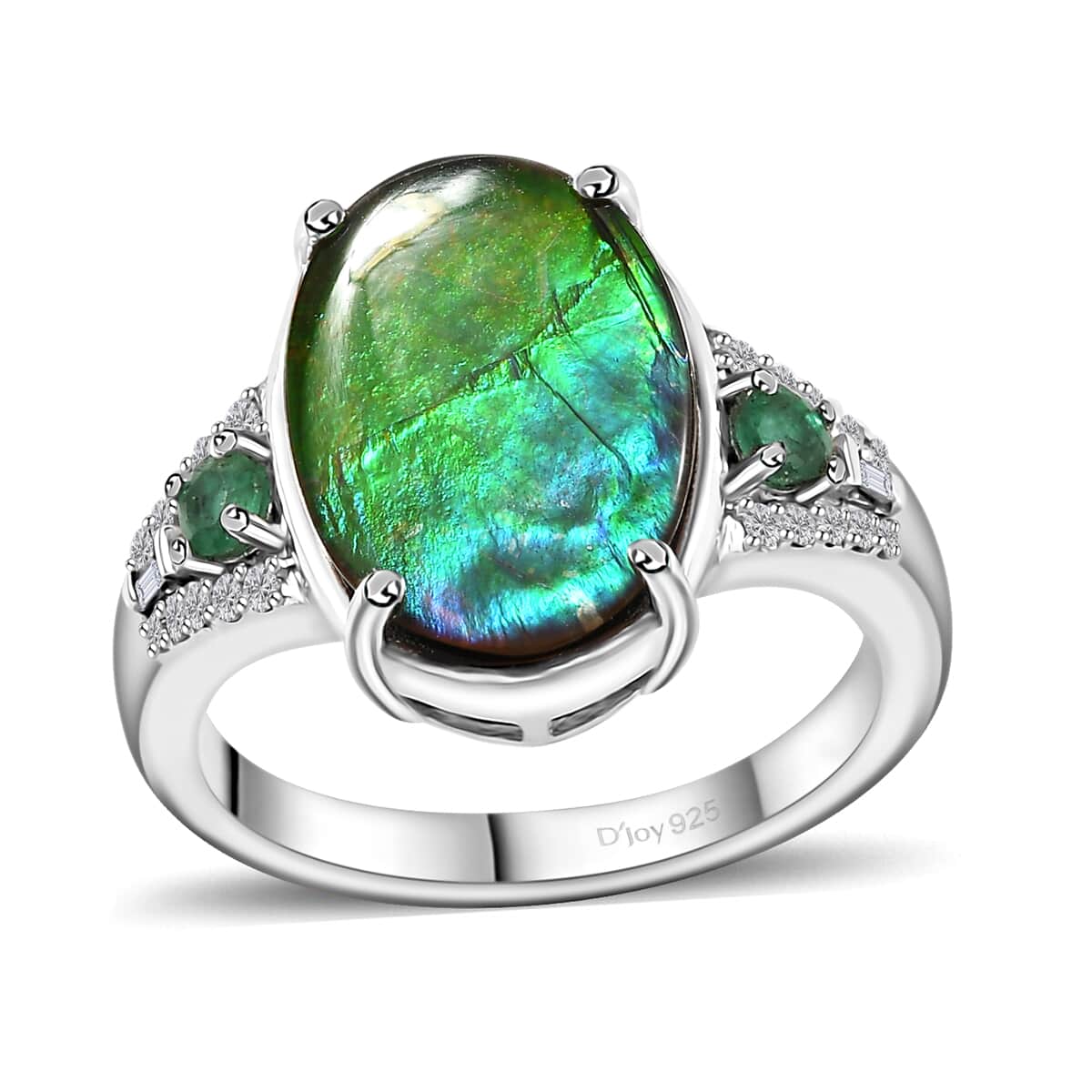 Canadian Ammolite, Emerald, Diamond Ring in Rhodium Over Sterling Silver (Size 10.0) 0.35 ctw image number 0