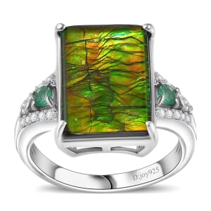 Canadian Ammolite, Emerald and Diamond Ring in Rhodium Over Sterling Silver (Size 6.0) 0.35 ctw