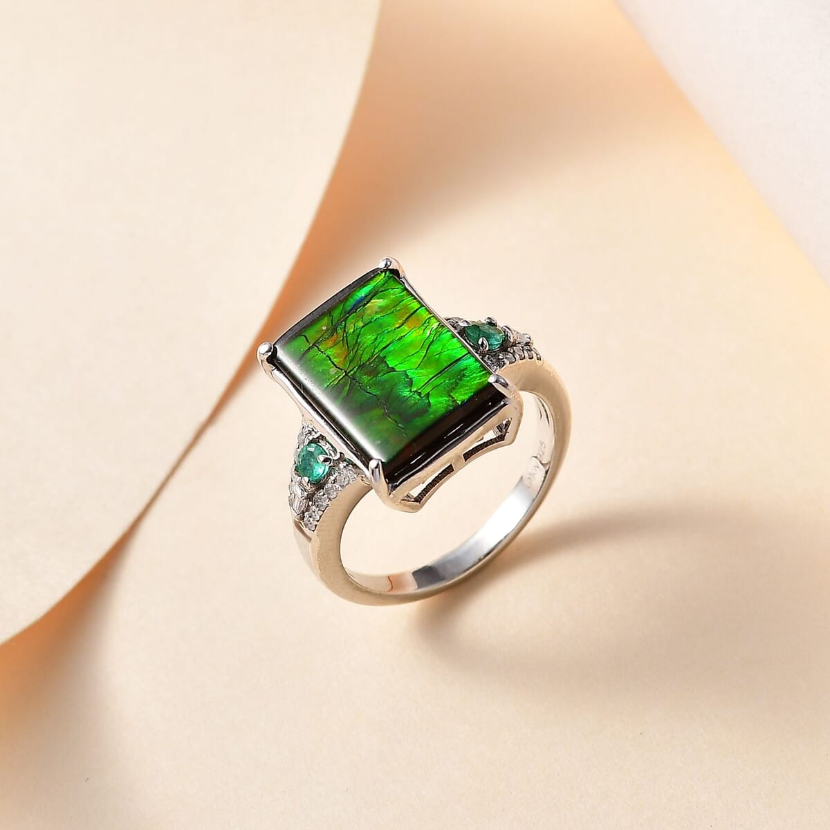 Canadian Ammolite, Emerald and Diamond Ring in Rhodium Over Sterling Silver (Size 6.0) 0.35 ctw image number 1