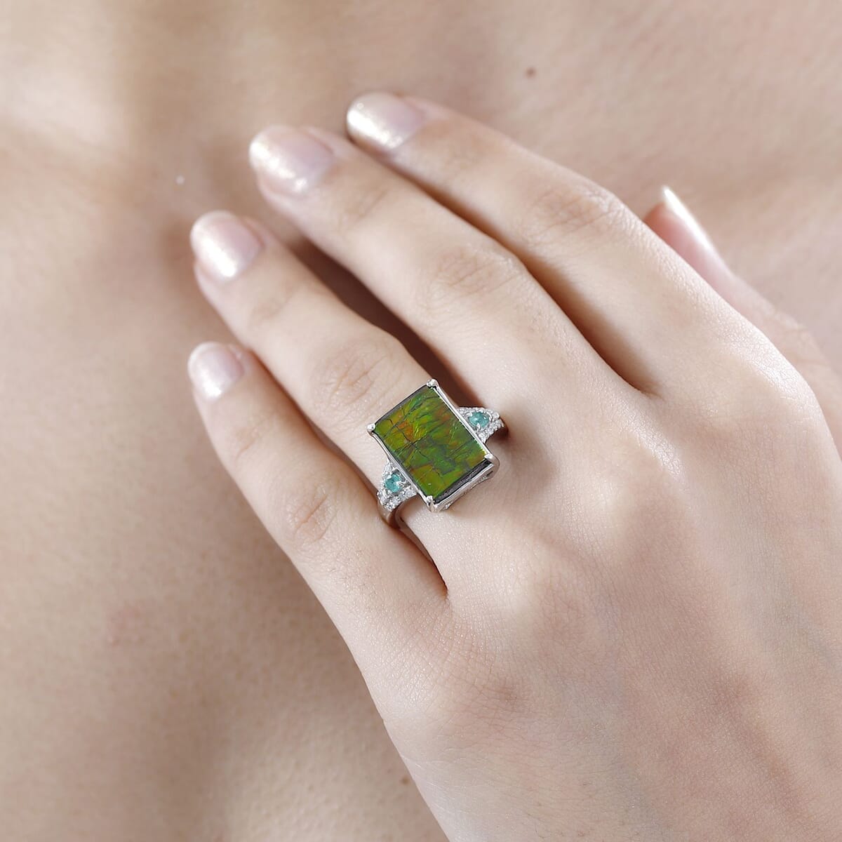 Canadian Ammolite, Emerald and Diamond Ring in Rhodium Over Sterling Silver (Size 6.0) 0.35 ctw image number 2