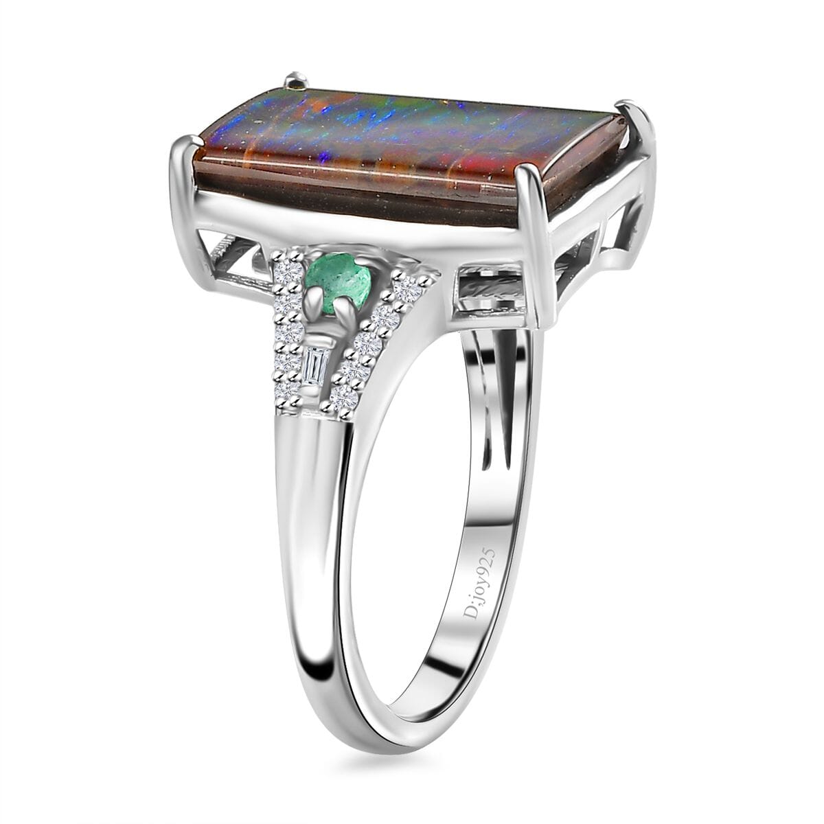 Canadian Ammolite, Emerald and Diamond Ring in Rhodium Over Sterling Silver (Size 6.0) 0.35 ctw image number 3