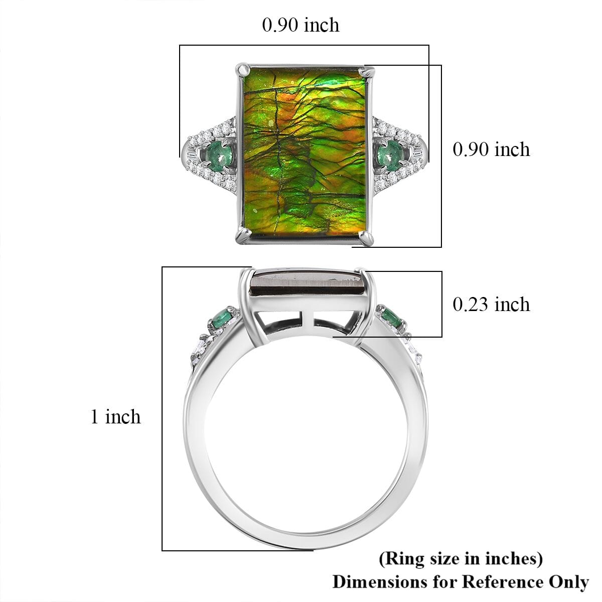 Canadian Ammolite, Emerald and Diamond Ring in Rhodium Over Sterling Silver (Size 6.0) 0.35 ctw image number 5