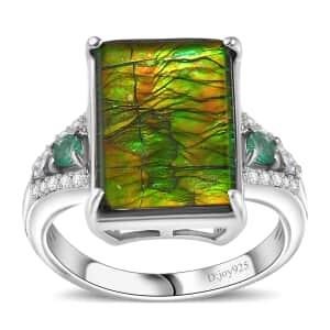Canadian Ammolite, Emerald and Diamond Ring in Rhodium Over Sterling Silver (Size 7.0) 0.35 ctw
