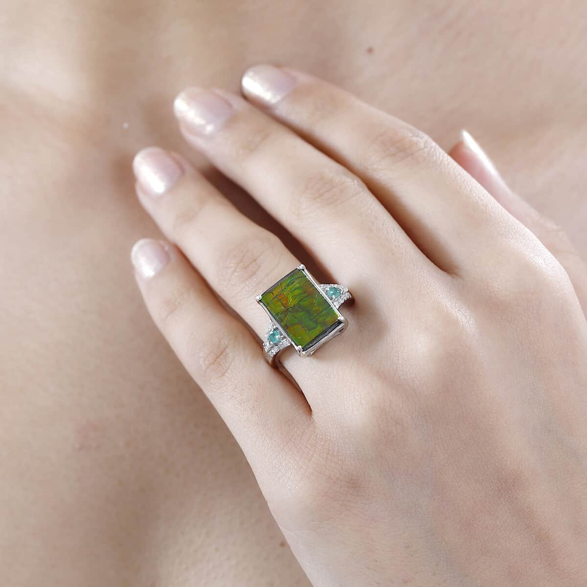 Canadian Ammolite, Emerald and Diamond Ring in Rhodium Over Sterling Silver (Size 7.0) 0.35 ctw image number 2