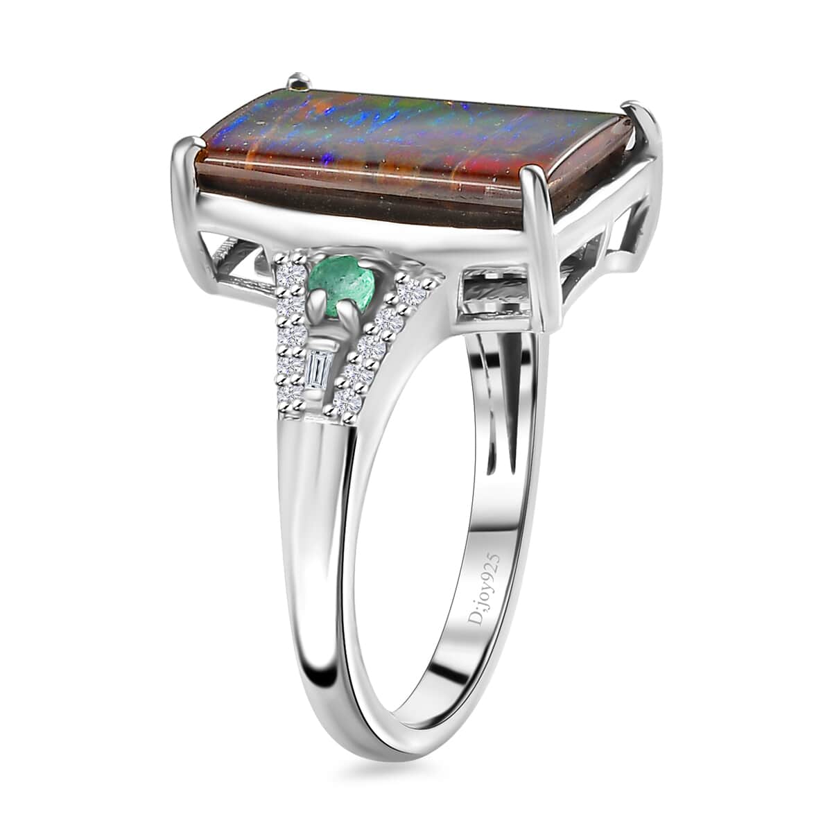 Canadian Ammolite, Emerald and Diamond Ring in Rhodium Over Sterling Silver (Size 7.0) 0.35 ctw image number 3