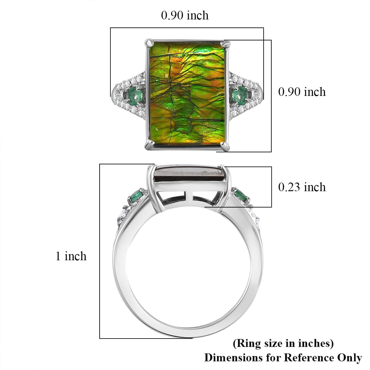 Canadian Ammolite, Emerald and Diamond Ring in Rhodium Over Sterling Silver (Size 7.0) 0.35 ctw image number 5