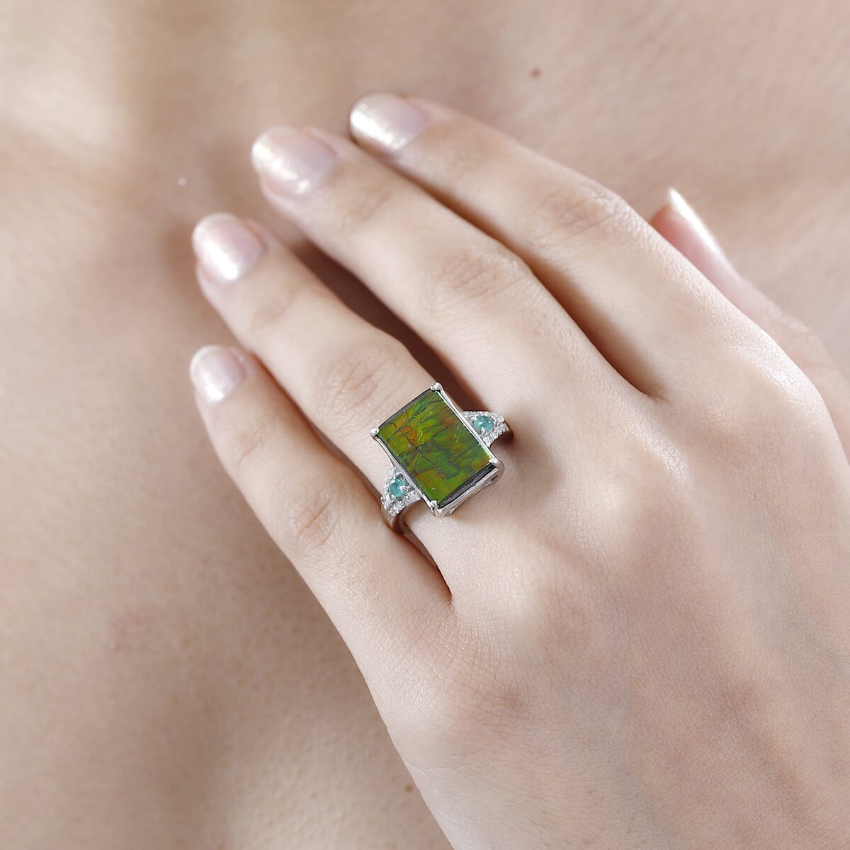 Canadian Ammolite, Emerald and Diamond Ring in Rhodium Over Sterling Silver (Size 8.0) 0.35 ctw image number 2