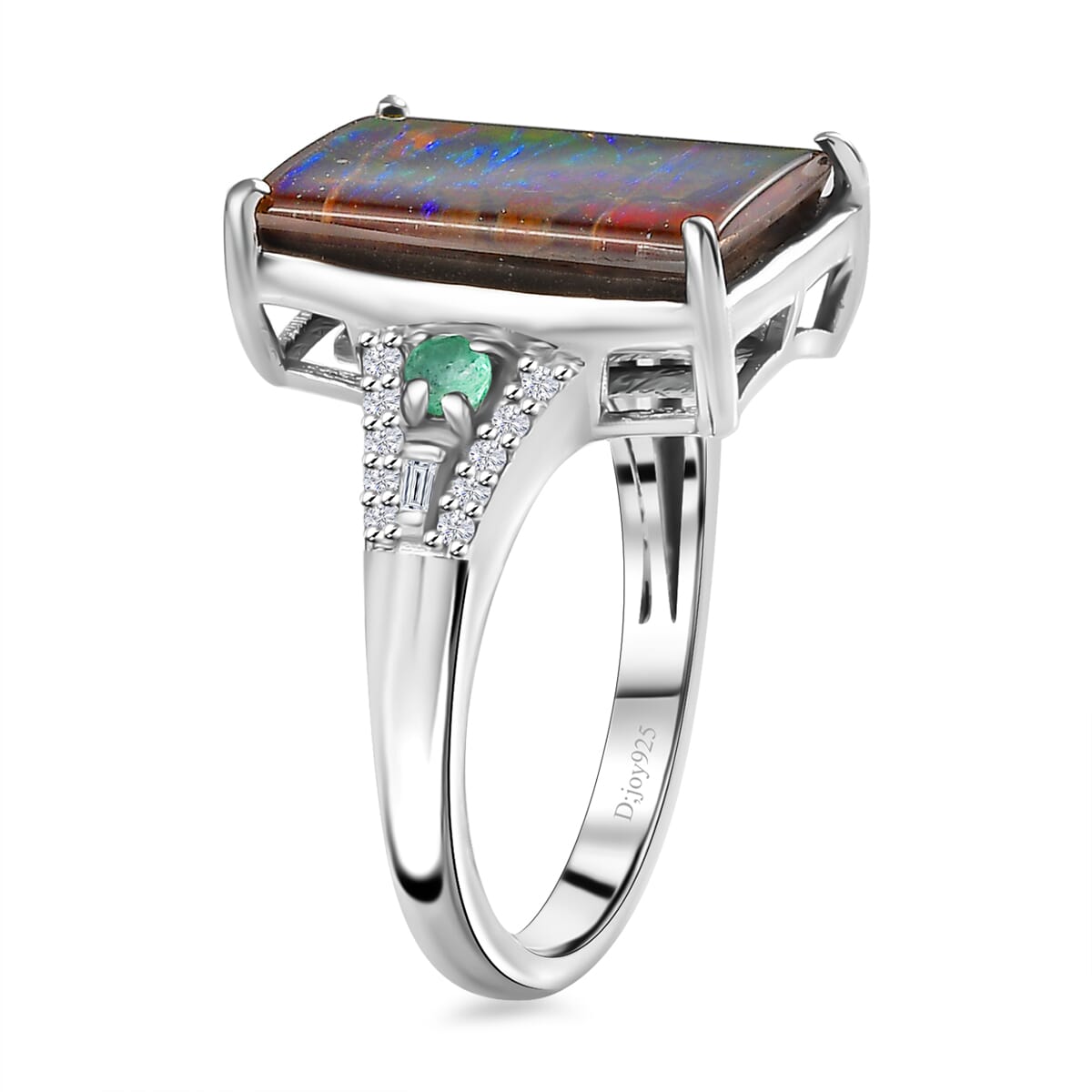 Canadian Ammolite, Emerald and Diamond Ring in Rhodium Over Sterling Silver (Size 8.0) 0.35 ctw image number 3