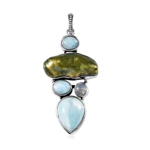 Artisan Crafted Larimar and Multi Gemstone Pendant in Black Oxidized Sterling Silver 26.00 ctw