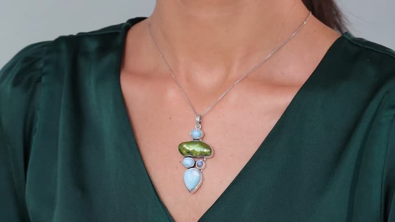 D'Joy Artisan Crafted Larimar and Multi Gemstone Pendant in Black Oxidized Sterling Silver 26.00 ctw
