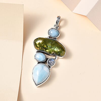 D'Joy Artisan Crafted Larimar and Multi Gemstone Pendant in Black Oxidized Sterling Silver 26.00 ctw