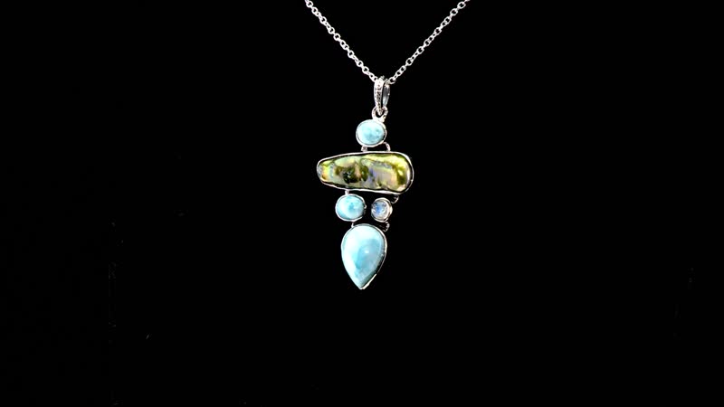D'Joy Artisan Crafted Larimar and Multi Gemstone Pendant in Black Oxidized Sterling Silver 26.00 ctw