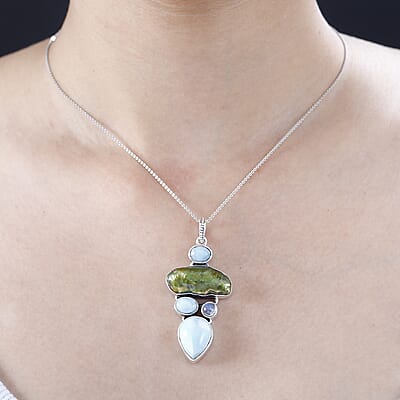 D'Joy Artisan Crafted Larimar and Multi Gemstone Pendant in Black Oxidized Sterling Silver 26.00 ctw