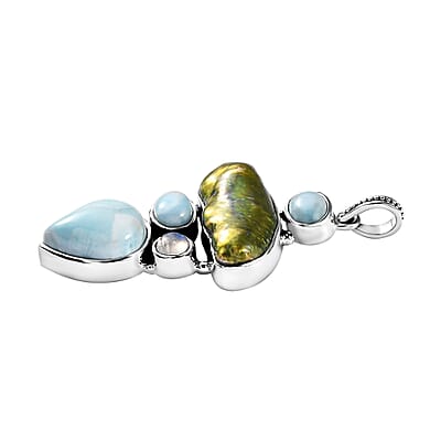 D'Joy Artisan Crafted Larimar and Multi Gemstone Pendant in Black Oxidized Sterling Silver 26.00 ctw