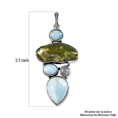 D'Joy Artisan Crafted Larimar and Multi Gemstone Pendant in Black Oxidized Sterling Silver 26.00 ctw