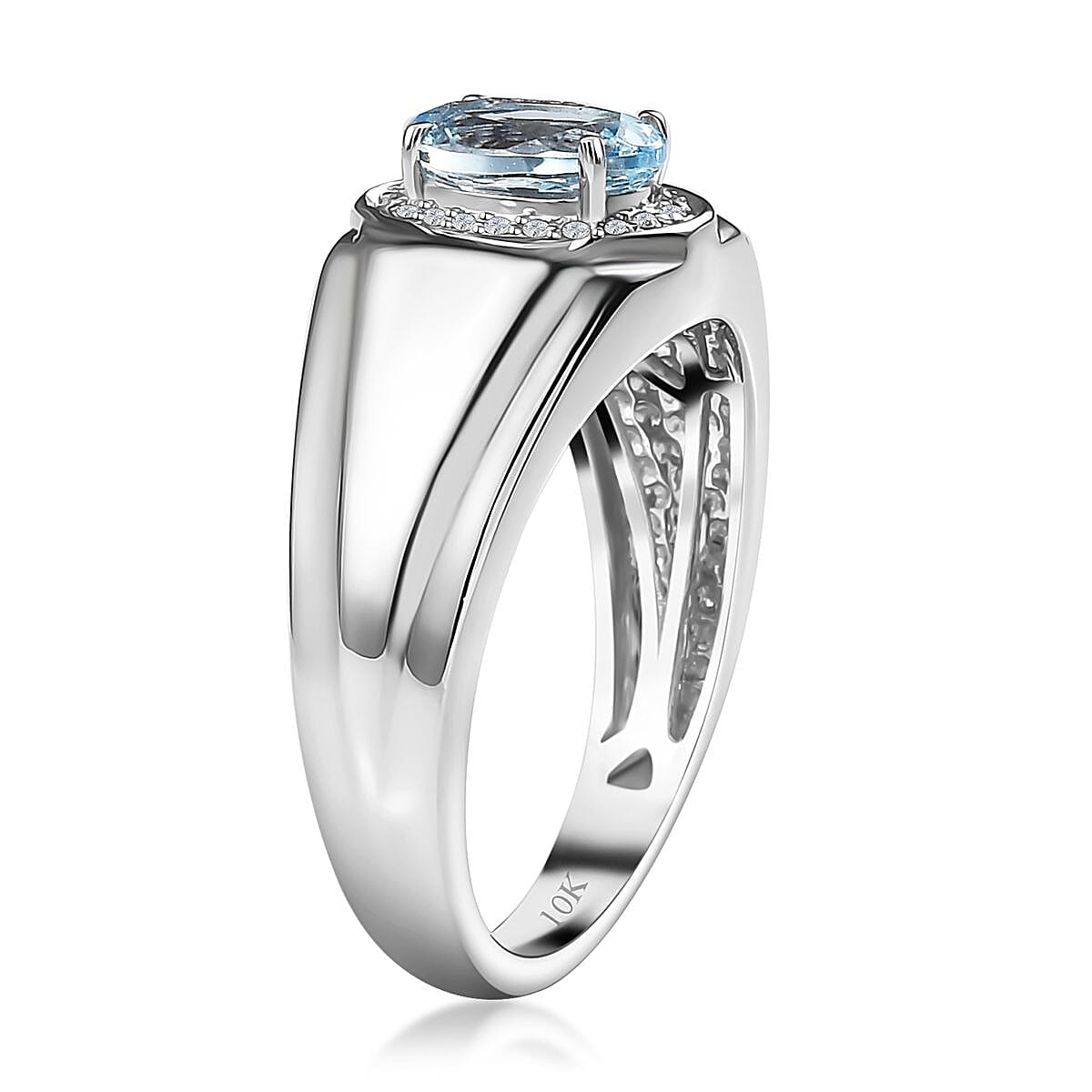 Luxoro 10K White Gold Premium Santa Maria Aquamarine and G-H I2 Diamond Men's Ring (Size 11.5) 5.75 Grams 1.20 ctw image number 3