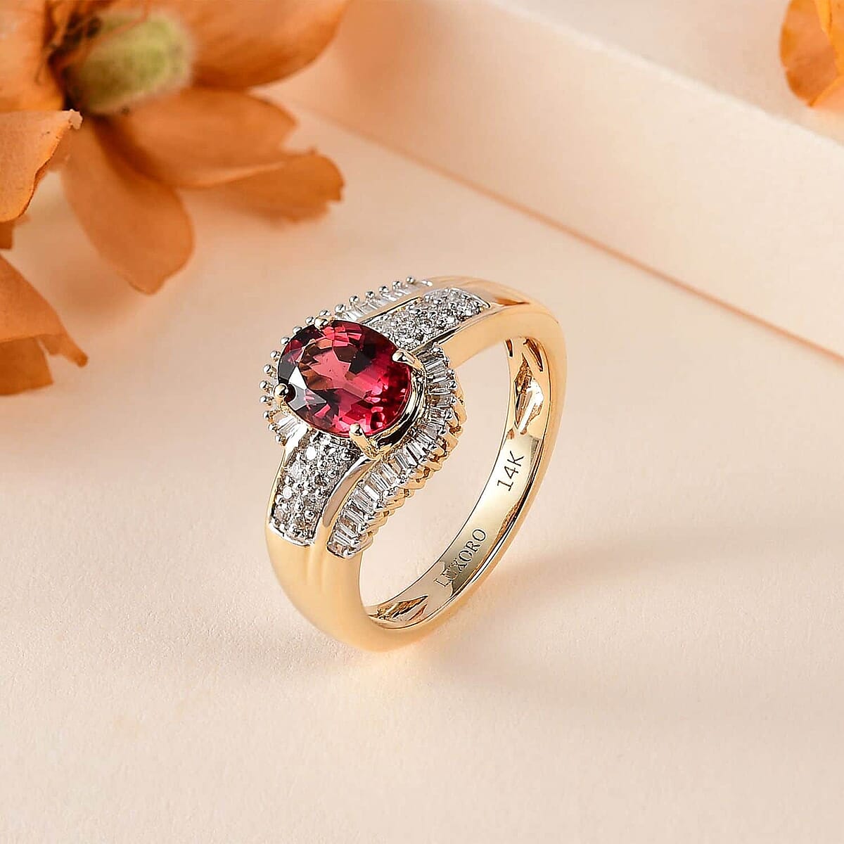 Luxoro 14K Yellow Gold AAA Ouro Fino Rubellite and G-H I2 Diamond Bypass Ring (Size 7.5) 5.0 Grams 1.75 ctw image number 1