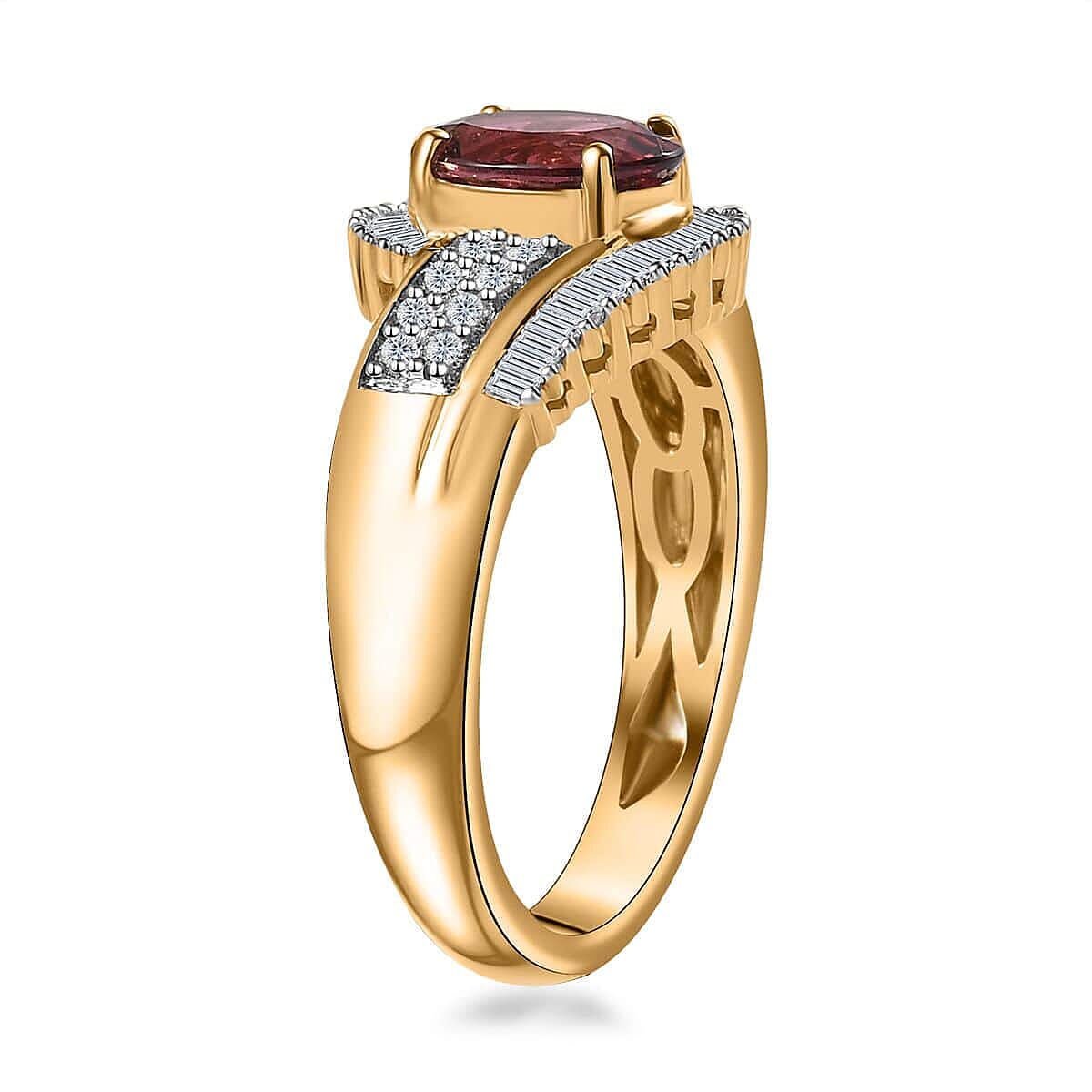 Luxoro 14K Yellow Gold AAA Ouro Fino Rubellite and G-H I2 Diamond Bypass Ring (Size 7.5) 5.0 Grams 1.75 ctw image number 3