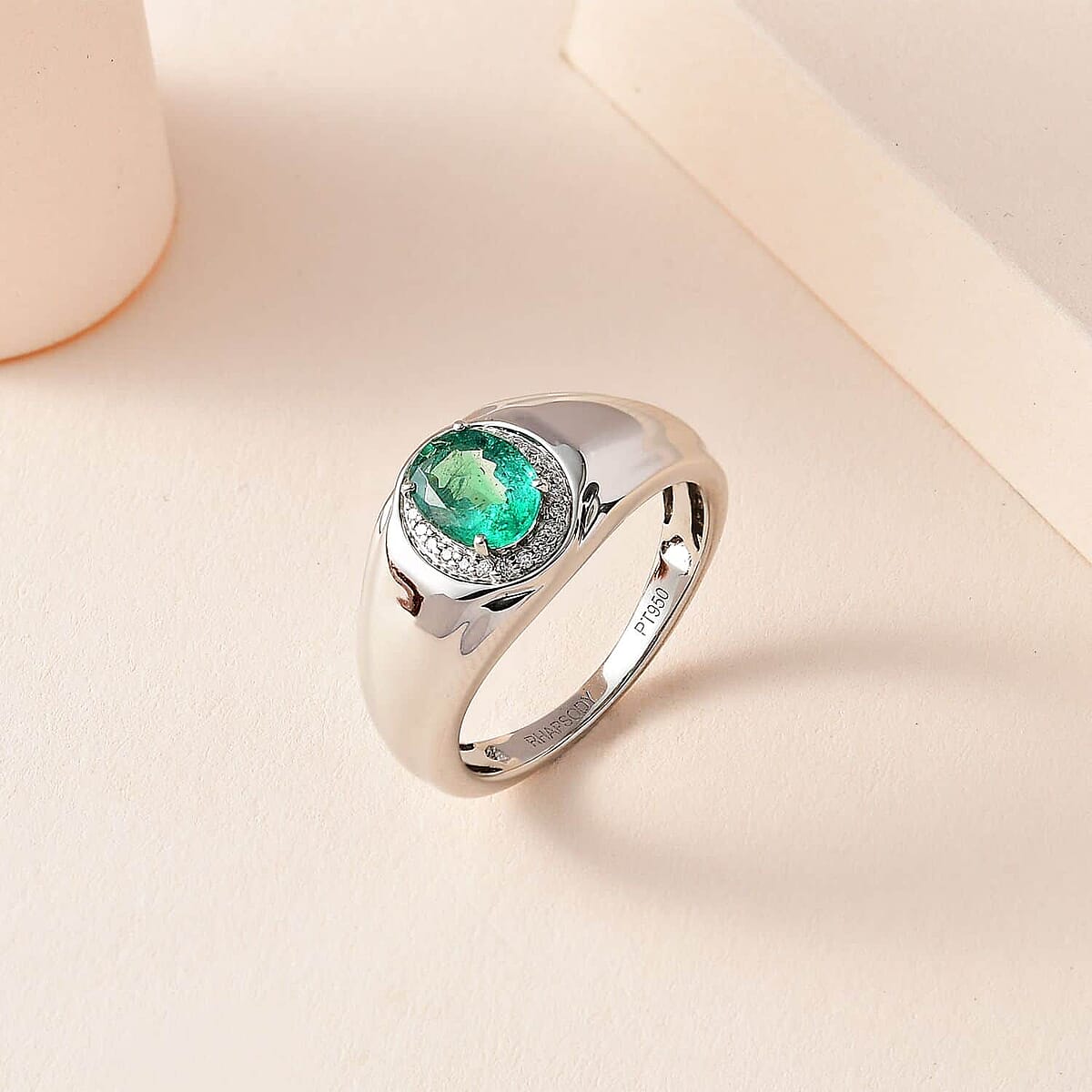 Rhapsody 950 Platinum AAAA Kagem Zambian Emerald and E-F VS Diamond Men's Ring (Size 10.5) 10.75 Grams 1.25 ctw image number 1