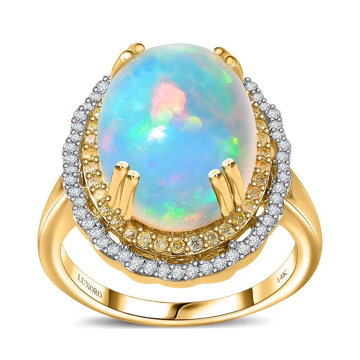 Luxoro 14K Yellow Gold AAA Ethiopian Welo Opal, Natural Yellow and White Diamond I3 Ring (Size 6.5) 6.85 Grams 7.85 ctw image number 0