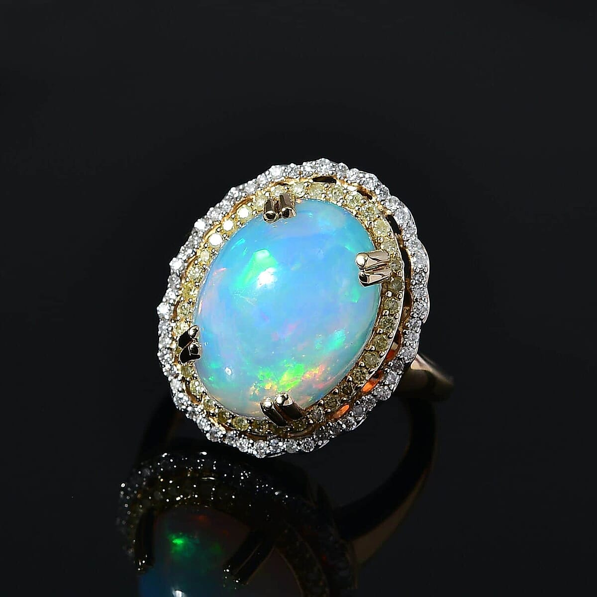 Luxoro 14K Yellow Gold AAA Ethiopian Welo Opal, Natural Yellow and White Diamond I3 Ring (Size 6.5) 6.85 Grams 7.85 ctw image number 2