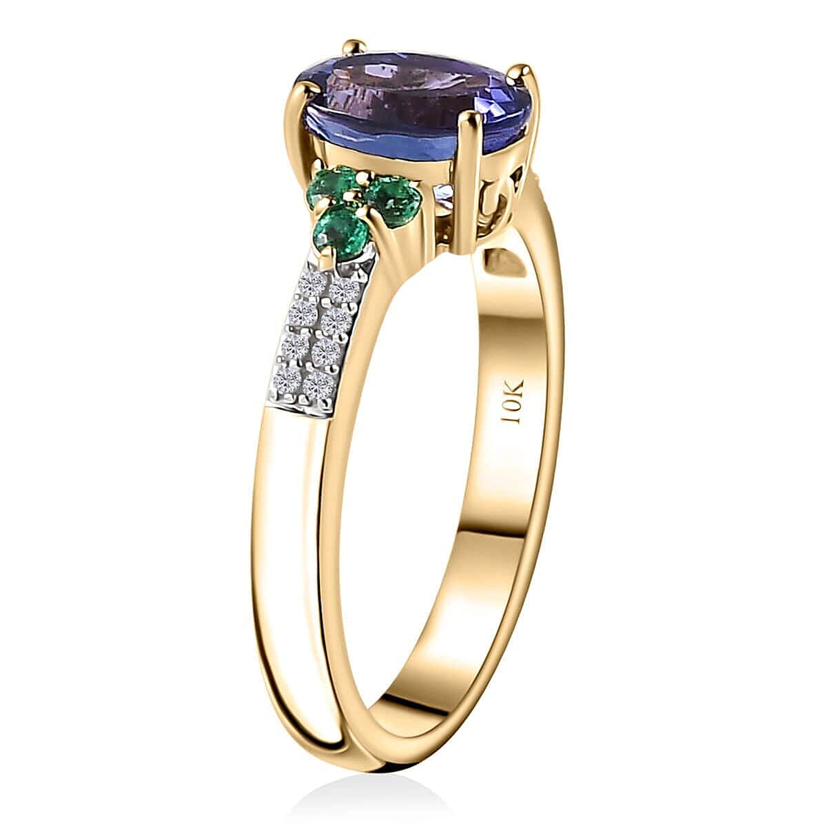 Luxoro 10K Yellow Gold AAA Tanzanite, Boyaca Colombian Emerald and G-H I2 Diamond Ring (Size 5.5) 2.00 ctw image number 3
