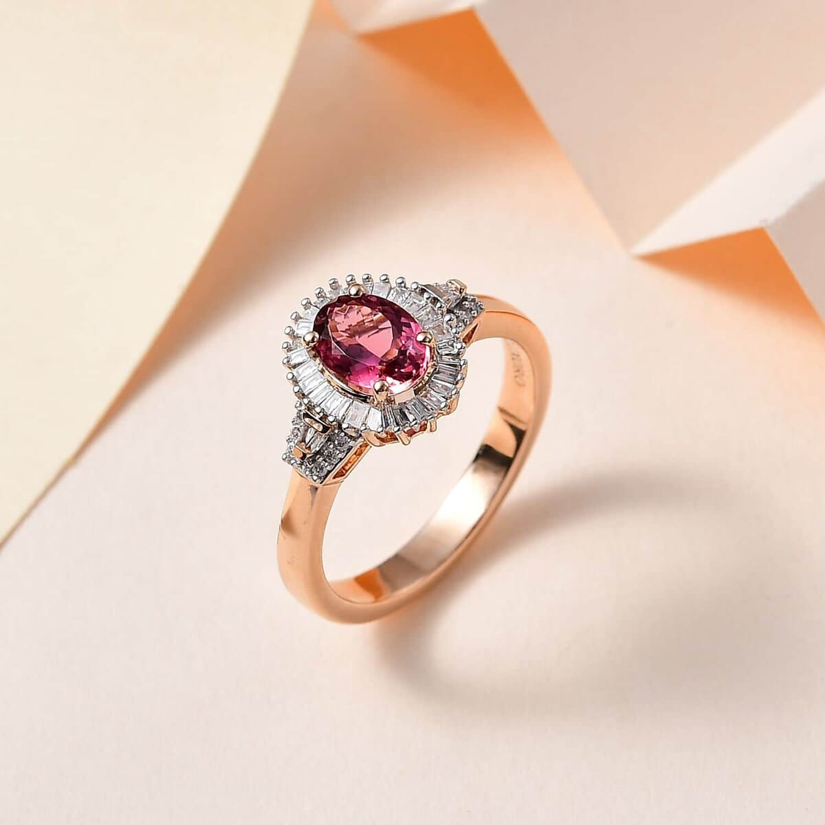 Luxoro 10K Rose Gold Premium Natural Calabar Pink Tourmaline and G-H I2 Diamond Halo Ring (Size 11.0) 4.15 Grams 1.50 ctw image number 1
