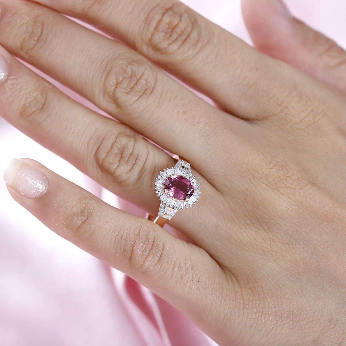 Luxoro 10K Rose Gold Premium Natural Calabar Pink Tourmaline and G-H I2 Diamond Halo Ring (Size 11.0) 4.15 Grams 1.50 ctw image number 2