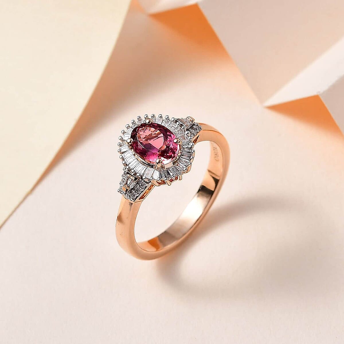 Luxoro 10K Rose Gold Premium Natural Calabar Pink Tourmaline and G-H I2 Diamond Halo Ring (Size 5.5) 4.15 Grams 1.50 ctw image number 1