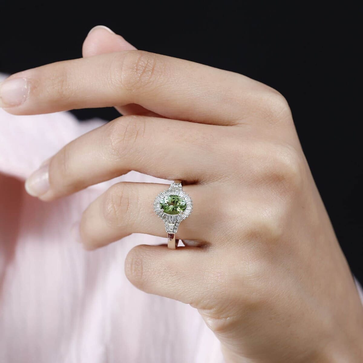Luxoro 10K Green Gold Premium Natural Calabar Green Tourmaline and G-H I2 Diamond Halo Ring (Size 8.5) 4.60 Grams 1.40 ctw image number 2