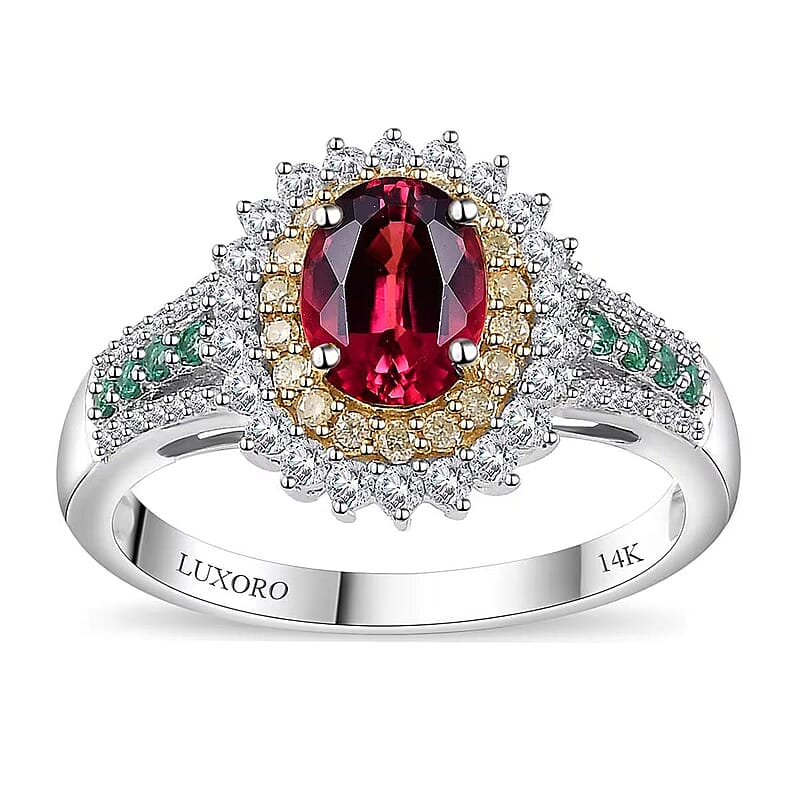 Luxoro AAA Shimoyo Rubellite, Boyaca Colombian Emerald, I2 Natural Yellow and White Diamond 2.15 ctw Ring in 14K White Gold (Size 11.0) 4.15 Grams