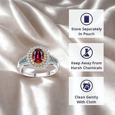Luxoro AAA Shimoyo Rubellite, Boyaca Colombian Emerald, I2 Natural Yellow and White Diamond 2.15 ctw Ring in 14K White Gold (Size 12.0) 4.15 Grams