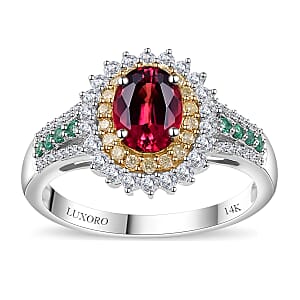 Luxoro AAA Shimoyo Rubellite, Boyaca Colombian Emerald, I2 Natural Yellow and White Diamond 2.15 ctw Ring in 14K White Gold (Size 5.5) 4.15 Grams