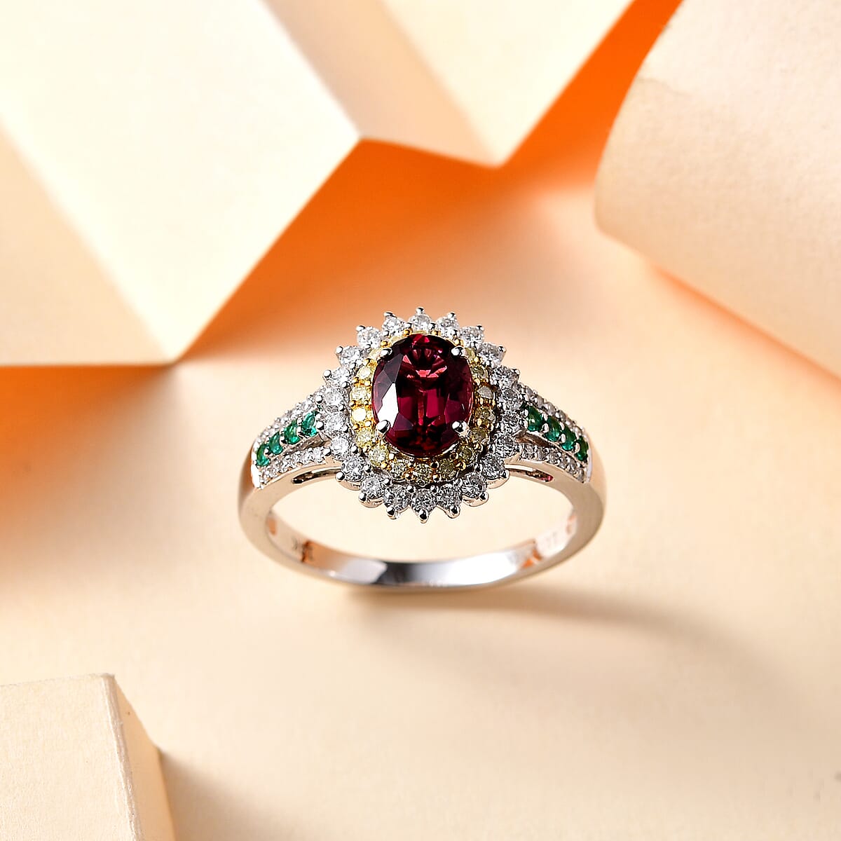 Luxoro AAA Shimoyo Rubellite, Boyaca Colombian Emerald, I2 Natural Yellow and White Diamond 2.15 ctw Ring in 14K White Gold (Size 5.5) 4.15 Grams image number 1