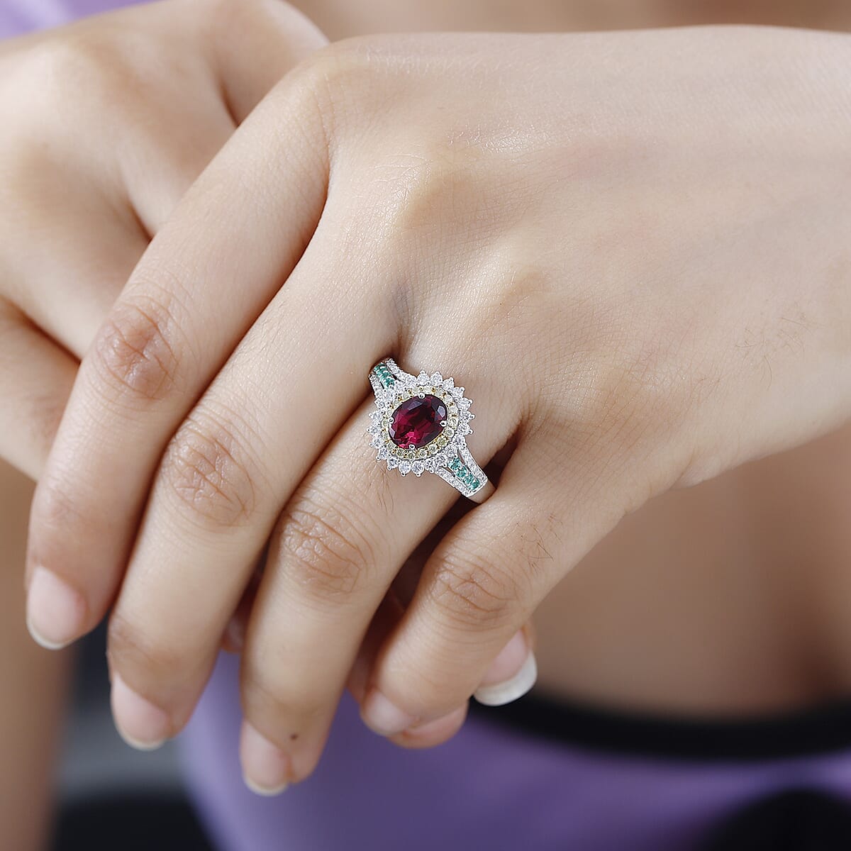 Luxoro AAA Shimoyo Rubellite, Boyaca Colombian Emerald, I2 Natural Yellow and White Diamond 2.15 ctw Ring in 14K White Gold (Size 5.5) 4.15 Grams image number 2