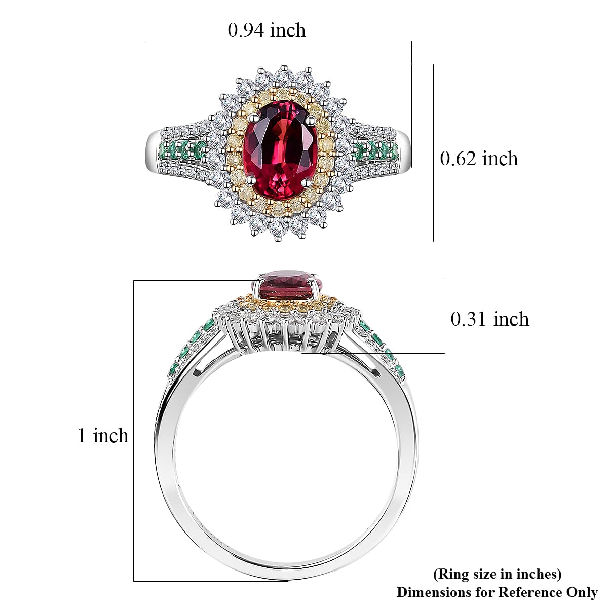 Luxoro AAA Shimoyo Rubellite, Boyaca Colombian Emerald, I2 Natural Yellow and White Diamond 2.15 ctw Ring in 14K White Gold (Size 5.5) 4.15 Grams image number 5