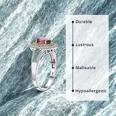 Luxoro AAA Shimoyo Rubellite, Boyaca Colombian Emerald, I2 Natural Yellow and White Diamond 2.15 ctw Ring in 14K White Gold (Size 6.0) 4.15 Grams