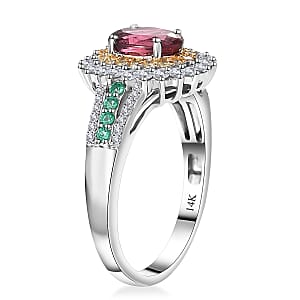 Luxoro AAA Shimoyo Rubellite, Boyaca Colombian Emerald, I2 Natural Yellow and White Diamond 2.15 ctw Ring in 14K White Gold (Size 6.5) 4.15 Grams