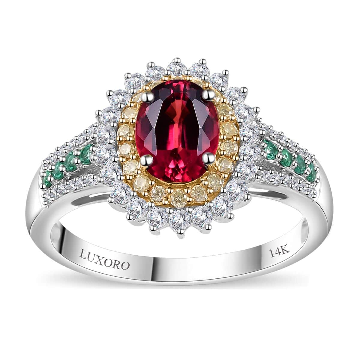 Luxoro AAA Shimoyo Rubellite, Boyaca Colombian Emerald, I2 Natural Yellow and White Diamond 2.15 ctw Ring in 14K White Gold (Size 8.0) 4.15 Grams image number 0